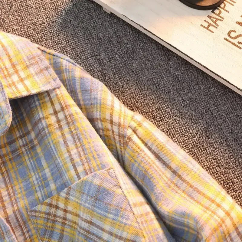 Retro Japanese Plaid Long Sve irt Men's Casual Loose Fit Spring Autumn Wear for Students And Couples Youth Faion