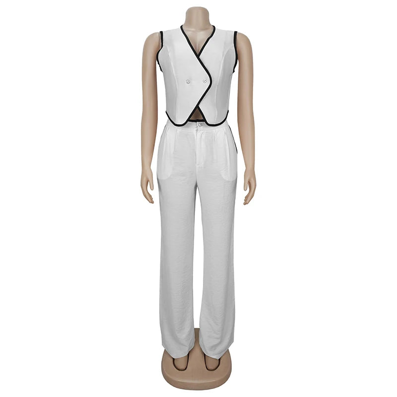 BKLD 2025 Women's Temperament Commuting Suit Contrasting Button Sleeveless Vest Tops+Zipper Pockets Pants Fashion Casual Outfits