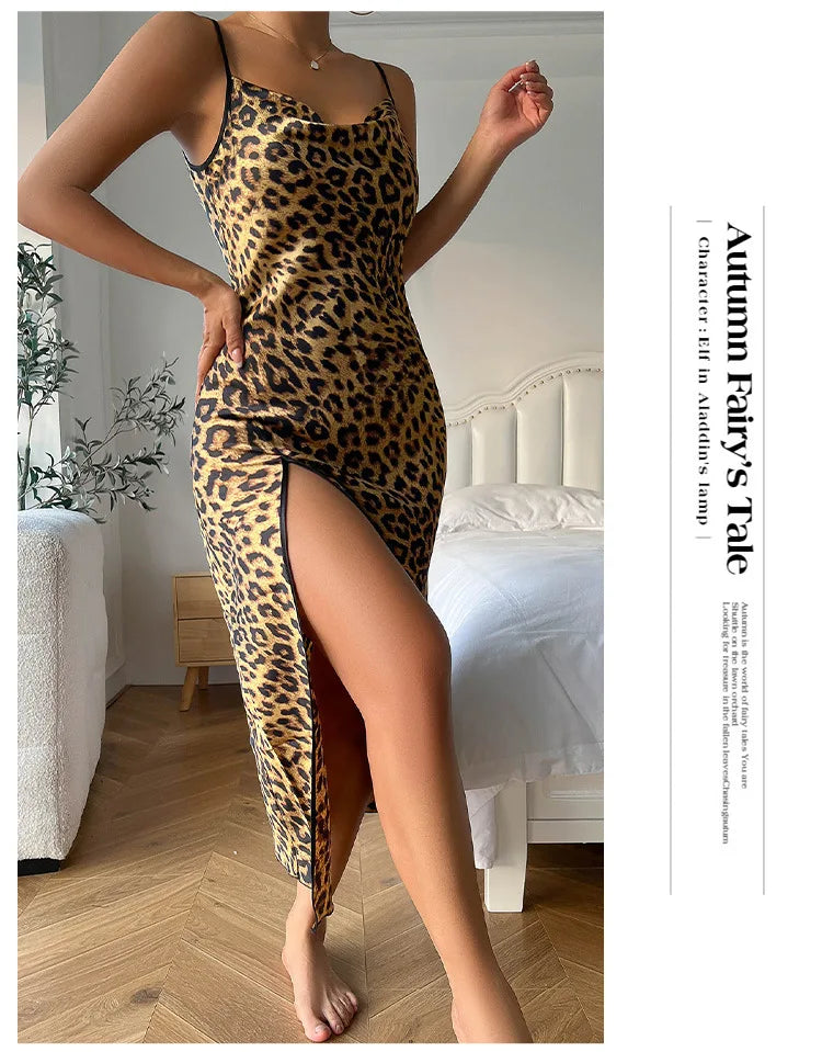 Ice Silk Slip Dress Summer Thin Breathable Silk Like Sexy Leopard Print Women's Backless Split Sling Nightdress