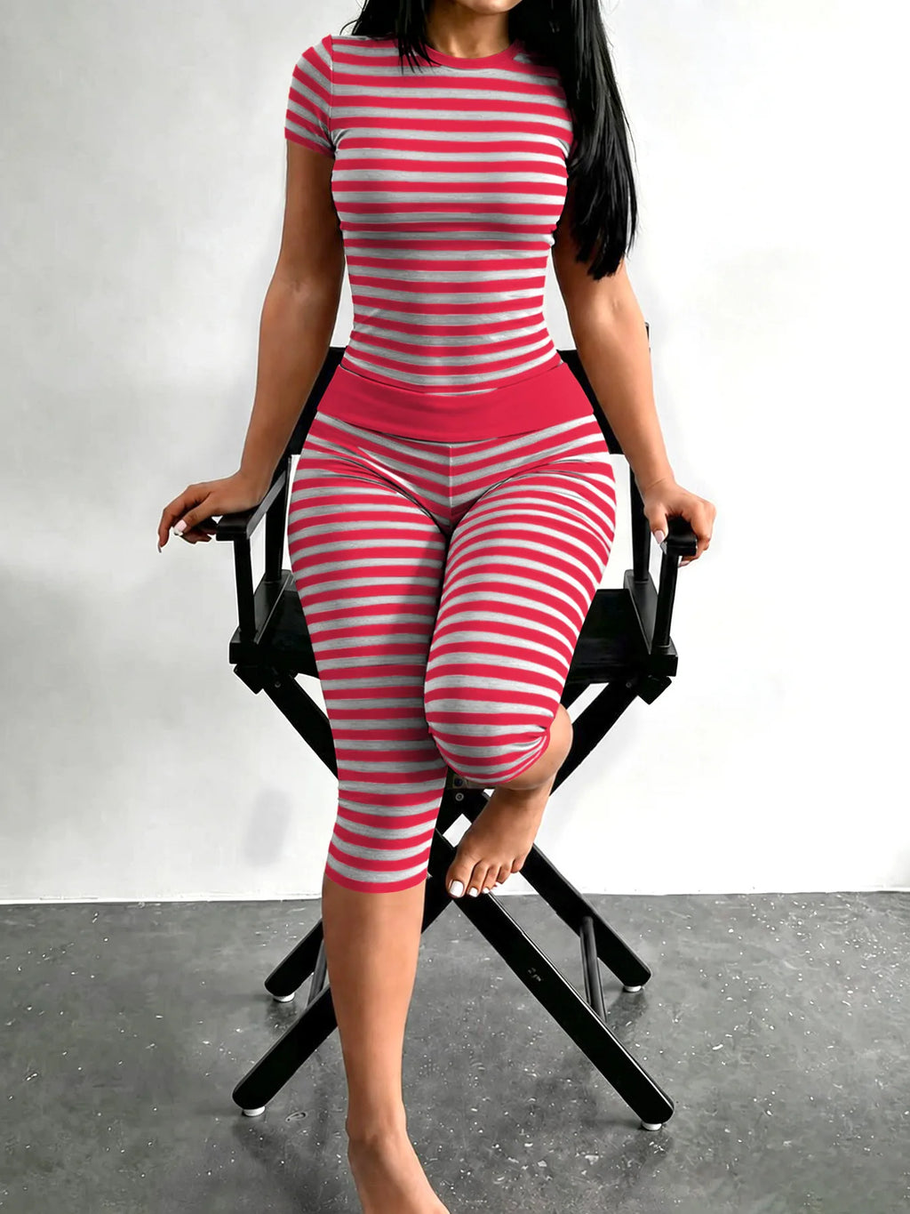 Stylish Lady Striped Two Piece Set Women Short Sleeve Top And Capri Leggings Bodycon Casual Home Workout Loungewear Fitness Suit