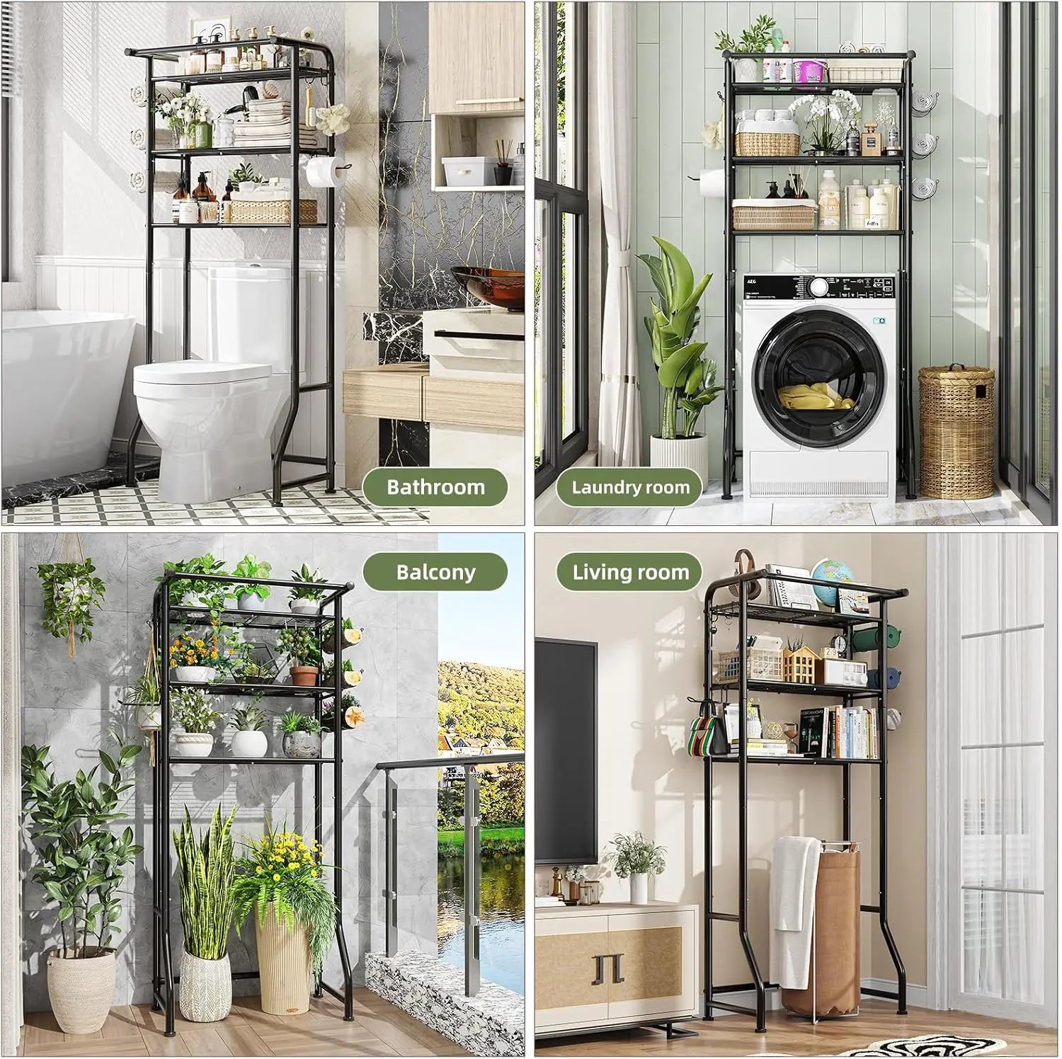3-Tier Over Toilet Storage Cabinet, Metal Bathroom Shelf with Paper Holder & Hooks, Black