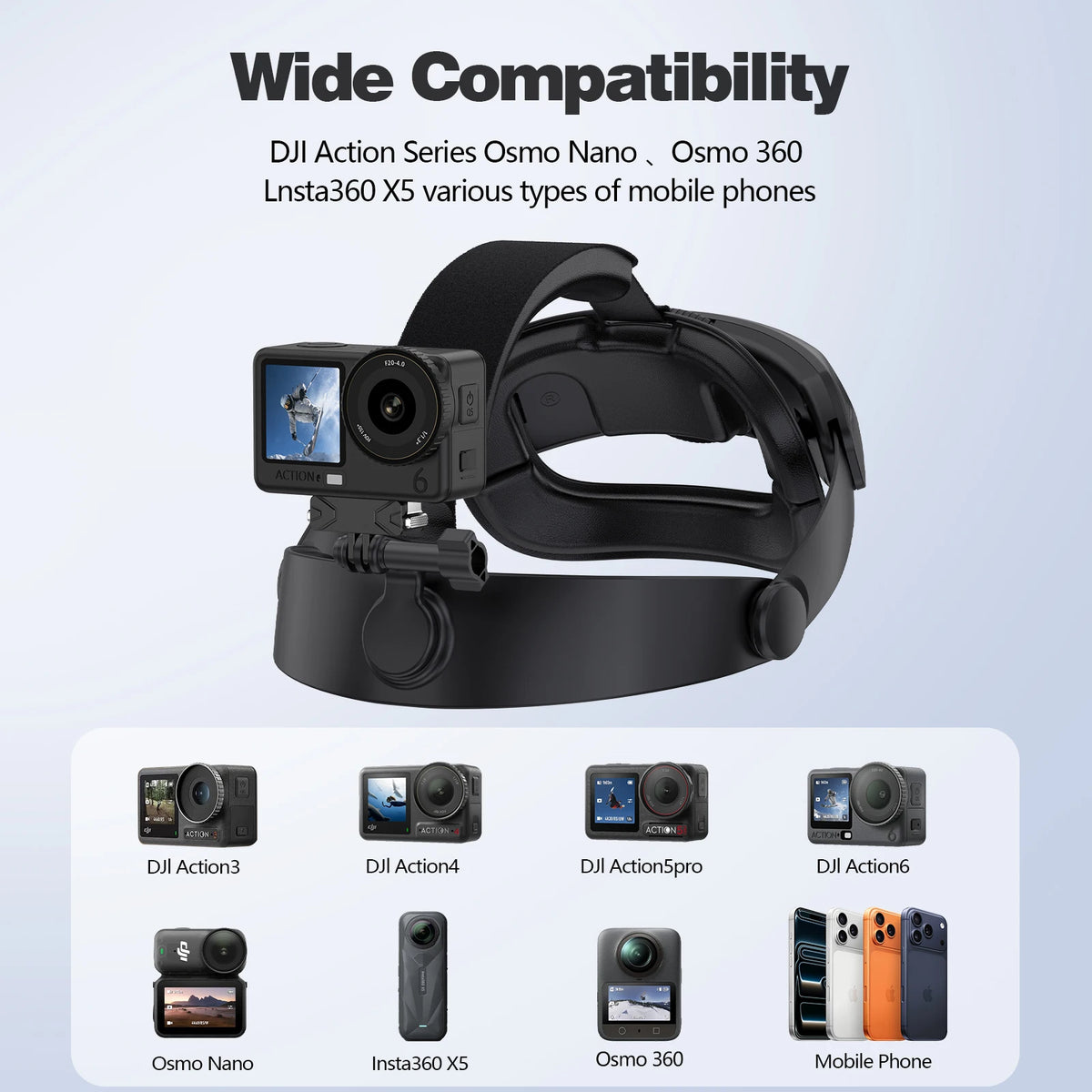 Adjustable Head Strap Mount for DJI Action 6/5Pro/4/3, Osmo Nano/360, Insta360 X5, Phone - POV Camera Holder for Outdoor Sports