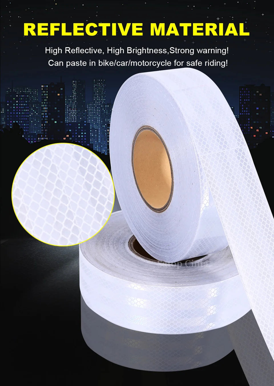 2''x17FT Reflective Strips Car Stickers PET Self-adhesive White Reflect Decal Light Reflector For Things Waterproof Bicycle Tape