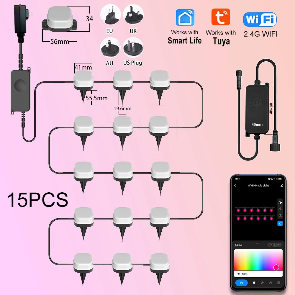 Wiscolor Smart Wifi RGB Lawn Light 30M 30Bulbs IP65 Outdoor Ground LED Light APP Control for Garden Lawn Courtyard