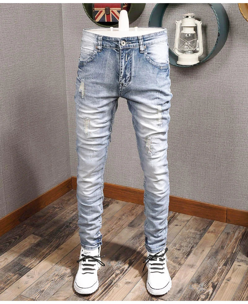 Streetwear Fashion Men Jeans Retro Light Blue Elastic Slim Fit Ripped Jeans Men Embroidery Designer Vintage Casual Denim Pants