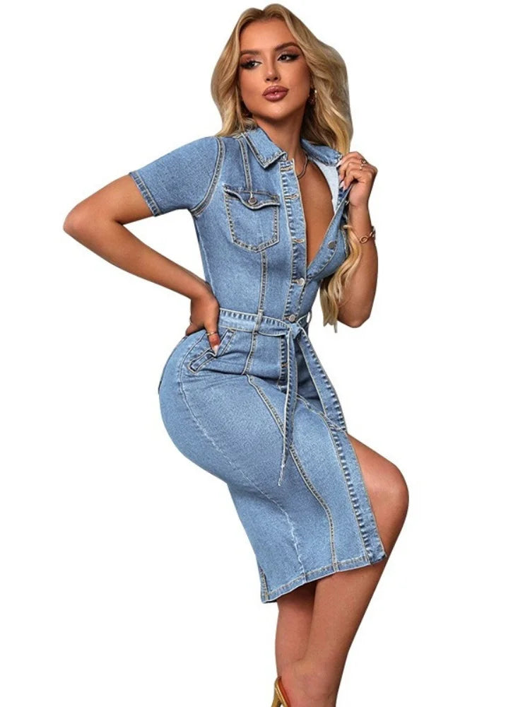 Wmstar Denim Dresses for Women Wholesale Lapel Short Sleeve Midi Dress Button Front Jean Dresses Belt Slim Fitted Casual Party