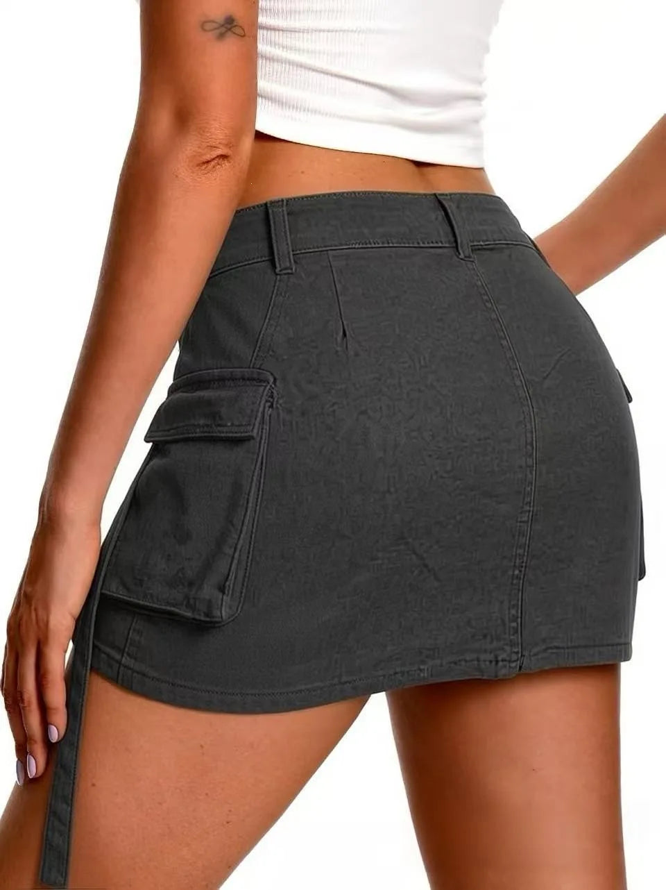 Sexy Women High Waist Cargo Denim Mini Skirt Double Button Multi Pocket A Line Short Skirt Y2K Streetwear Casual Jean Dress