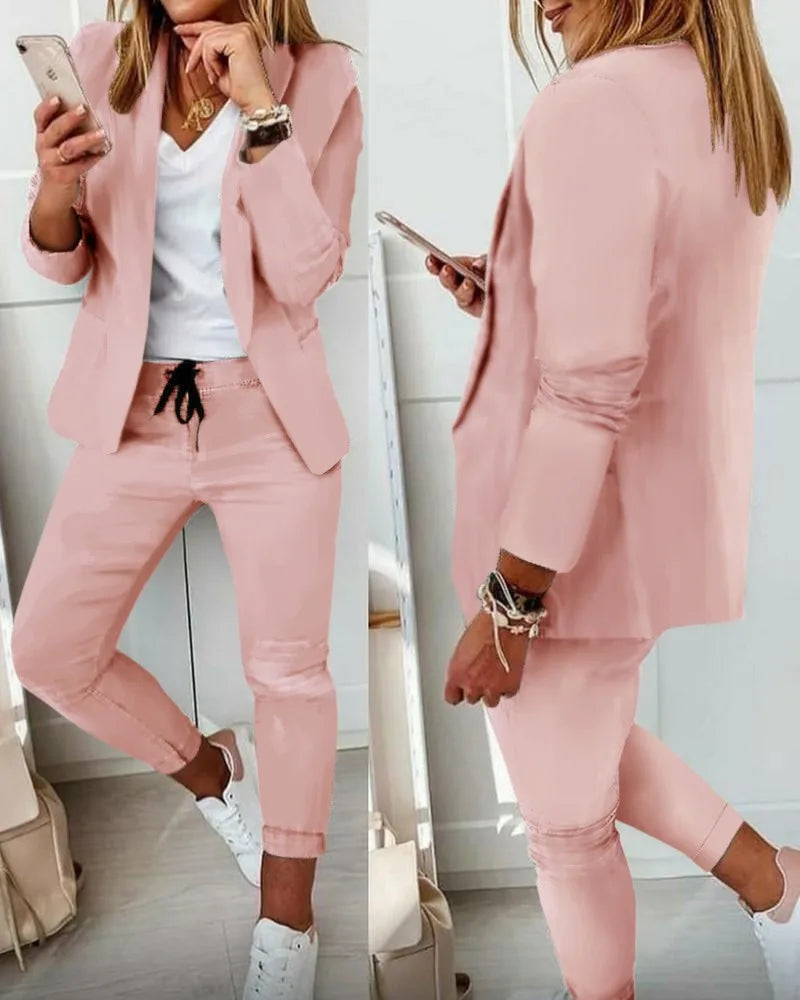 2024 Women's Two Piece Pant Suit Set Outfits Spring Autumn Turn Down Print Blazer Coat Drawstring Pants Suit Women Casual Sets