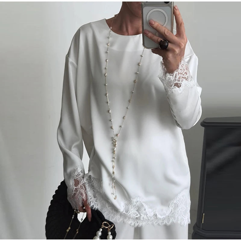 Elegant Lace Loose Dress Women Solid O-neck Full Sleeve Patchwork Dresses Female 2026 Summer White Robe Lady
