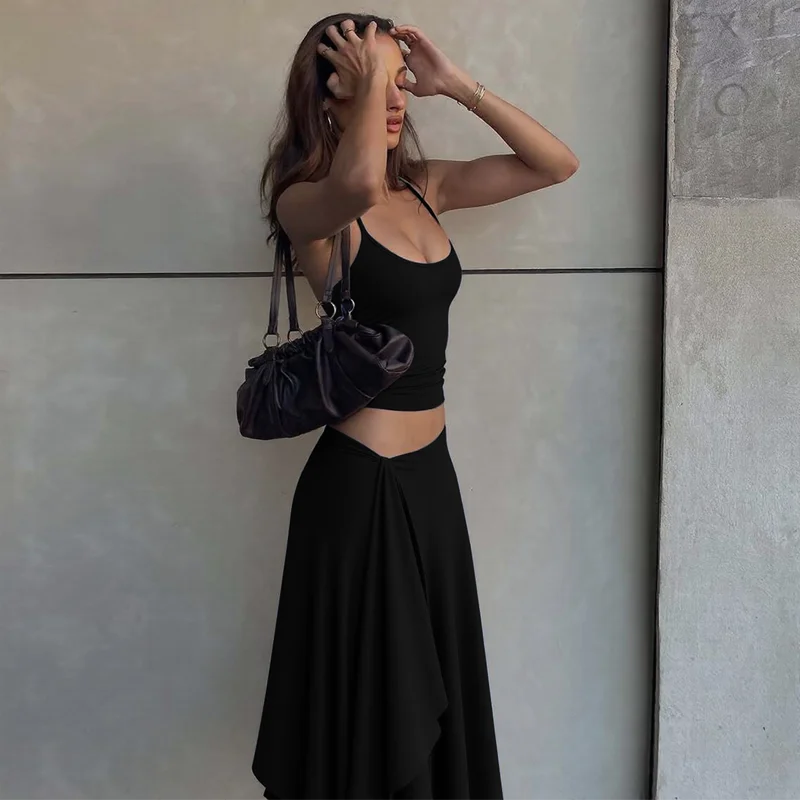 Hugcitar Fashion 2 Pcs Sets Halter Solid Backless Lace Up Sexy Crop Tank Top Ruched Maxi Skirt Women Outfit Beach Vacation Sport