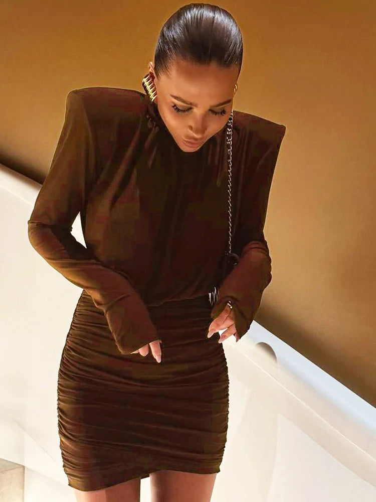 Sisterlinda Elegant Shoulder Padded Dress Women Turtleneck Ruched Sexy Classic Office Commute Simple Peach Hip Slim Mini Bodycon