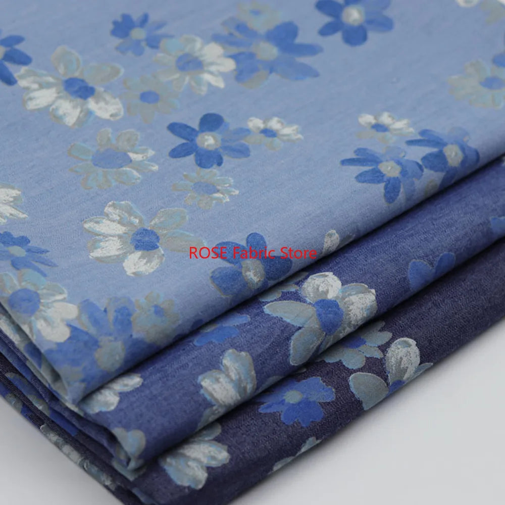 High-quality Delicate floral print denim For coats, shirts, pants, bags, DIY hand sewing, designer fabrics
