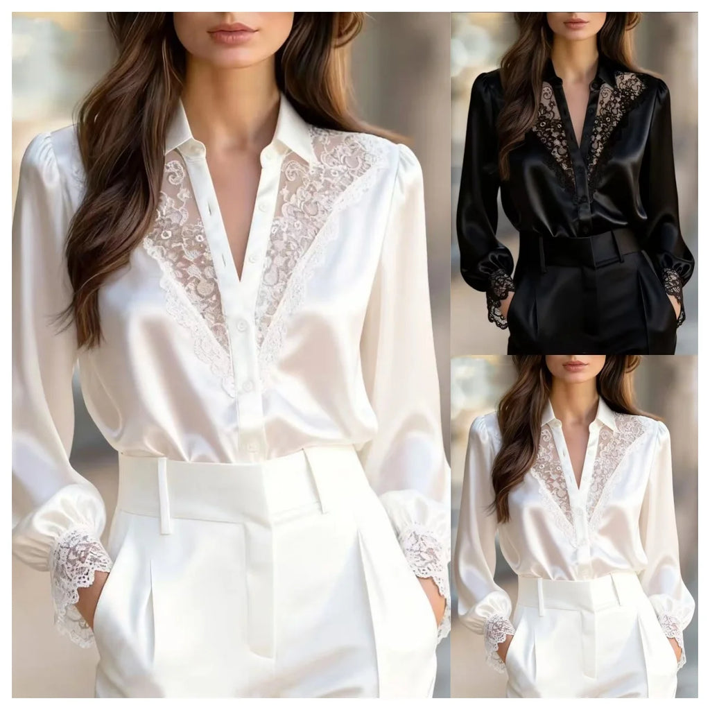 Women's Satin Blouse with Delicate Lace Trim V-Neck Button Down Puff Sleeve Elegant Top for Office Formal Events & Daily Wear