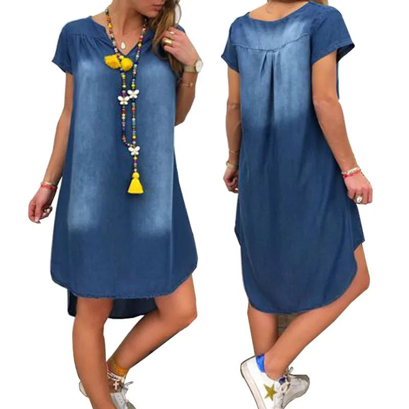 Summer New European and American V-neck Pullover Short-sleeved Denim Dress 2025 Cross-border