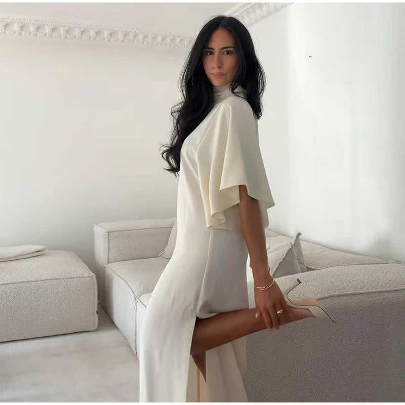 Women Solid Satin Maxi Dress High Neck Batwing Sleeve Loose Fit Front Slit Dresses Lady 2026 Summer Elegant Evening Party Outfit