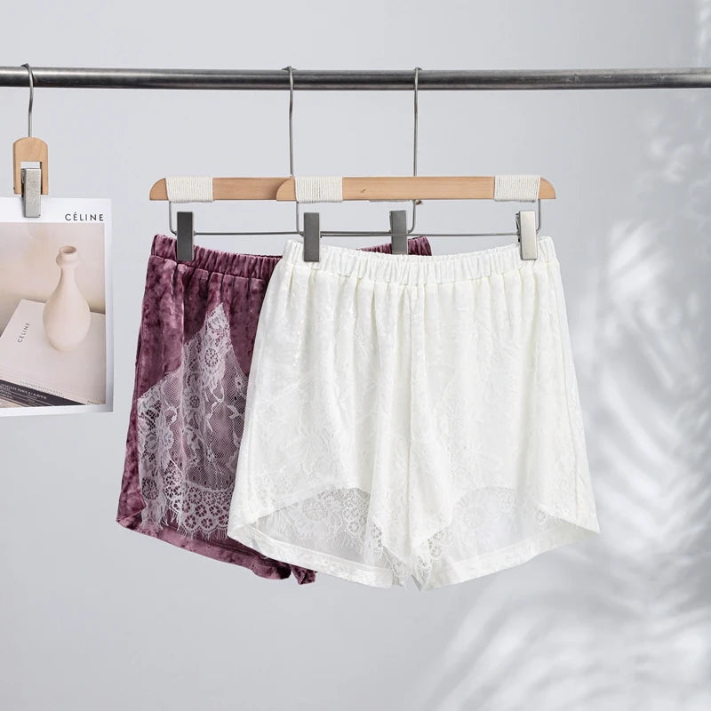 Fashion Mint Green Velvet Shorts Women Pink Lace Insert Elastic Waist Short Pants 2026 Summer New Lady Soft Cozy Lounge Bottoms