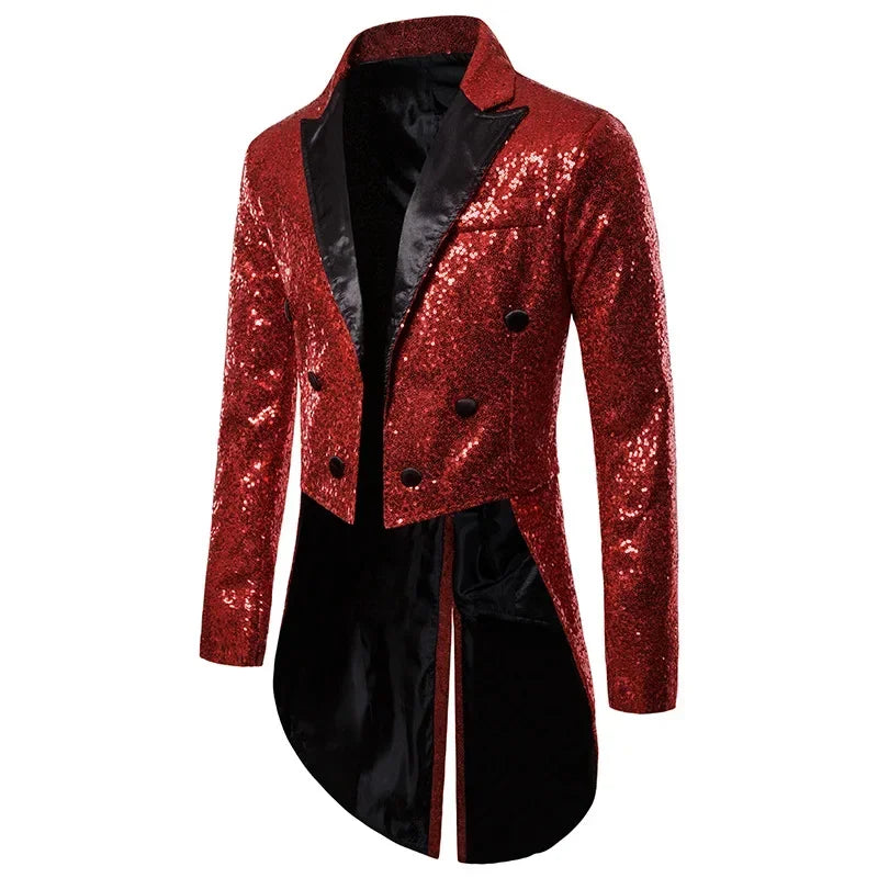 Fashion Men Luxurious Sequin Suit Jacket Black / Red / Silver Male Business Wedding Party Double Breasted Tuxedo Dress Blazer