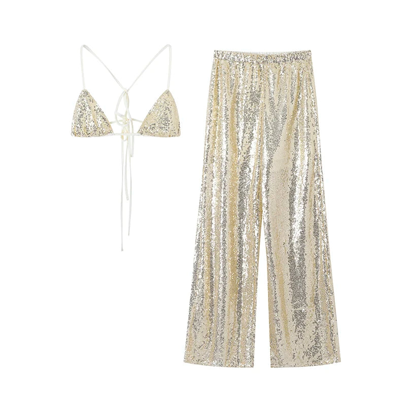 Sexy Sequined Bikini Pants Set Women Sleeveless Backless Halter Cropped Top Wide Leg Pant 2026 Summer Beach Holiday Party Suit