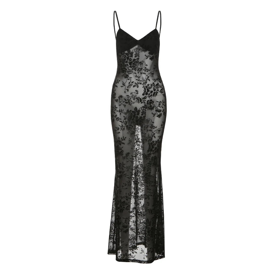 Weird Puss See Through Dress Women Backless Hollow Flower Print Patchwork Solid Sleeveless Sexy Midnight Clubwear Party Vestidos