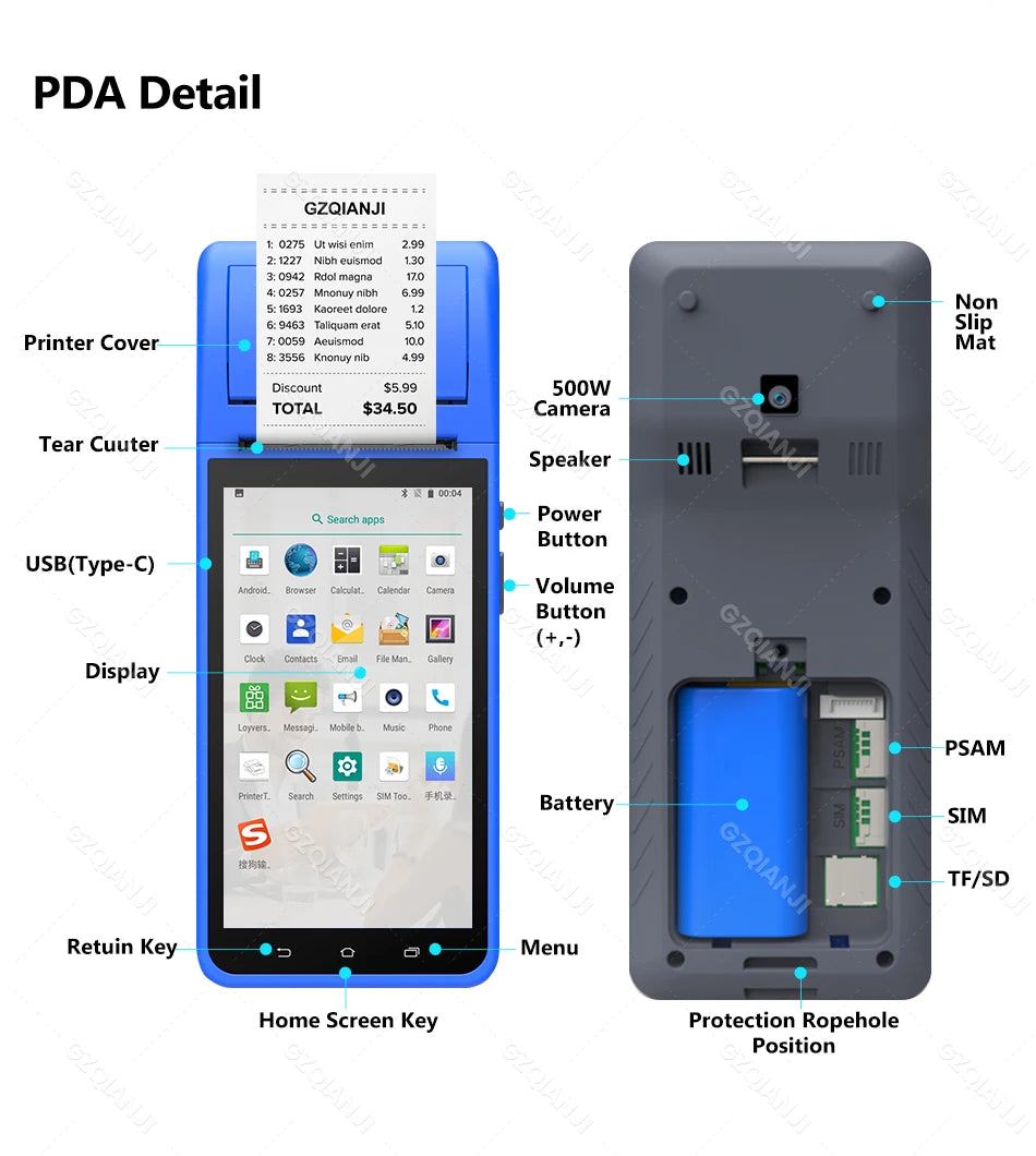 4G Android 13 / 8.1 Pos Terminal Wireless Handheld Printers 1D 2D Scanner Reader NFC Built-in 58mm Receipt Impressora Termica