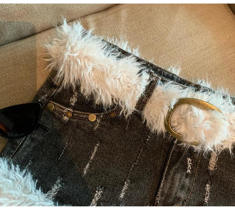 Belt Furry Denim Shorts Women 2024 New Fashion Loose Casual Pocket Sexy Shorts Denim Shorts Female Short Pants Zipper Jeans