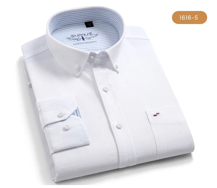 Men's 100% Cotton Breathable Oxford Fabric Dress Shirt, Plaid Striped Casual Long Sleeve, Button-Up with Collar and Chest Pocket