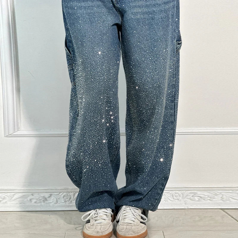 Shiny Rhinestone Baggy Women's Wide Leg Jeans Full Diamond Wide Leg Dragging Denim Pants Vintage Washed Pants Casual Trousers