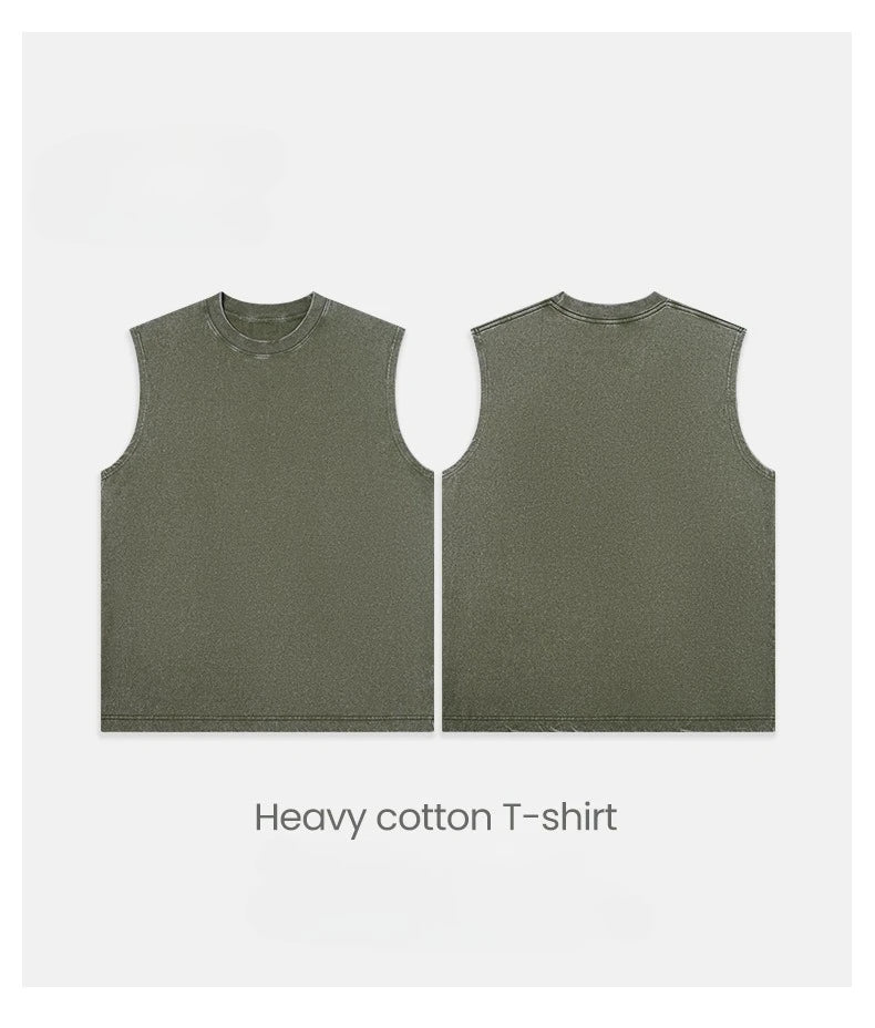 230g Pure Cotton European and American High Street Retro Washed Distressed Sleeveless Vest Men's Casual Loose Shoulder T-shirt