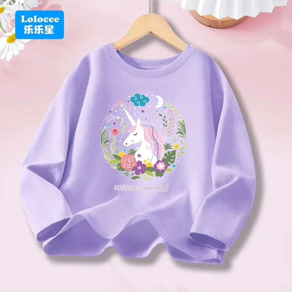 Girls Spring Autumn 8 colors Long Sleeve T-shirt Kids Floral Unicorn Graphic Tops Tee For Kids 3-14years DJSHH1