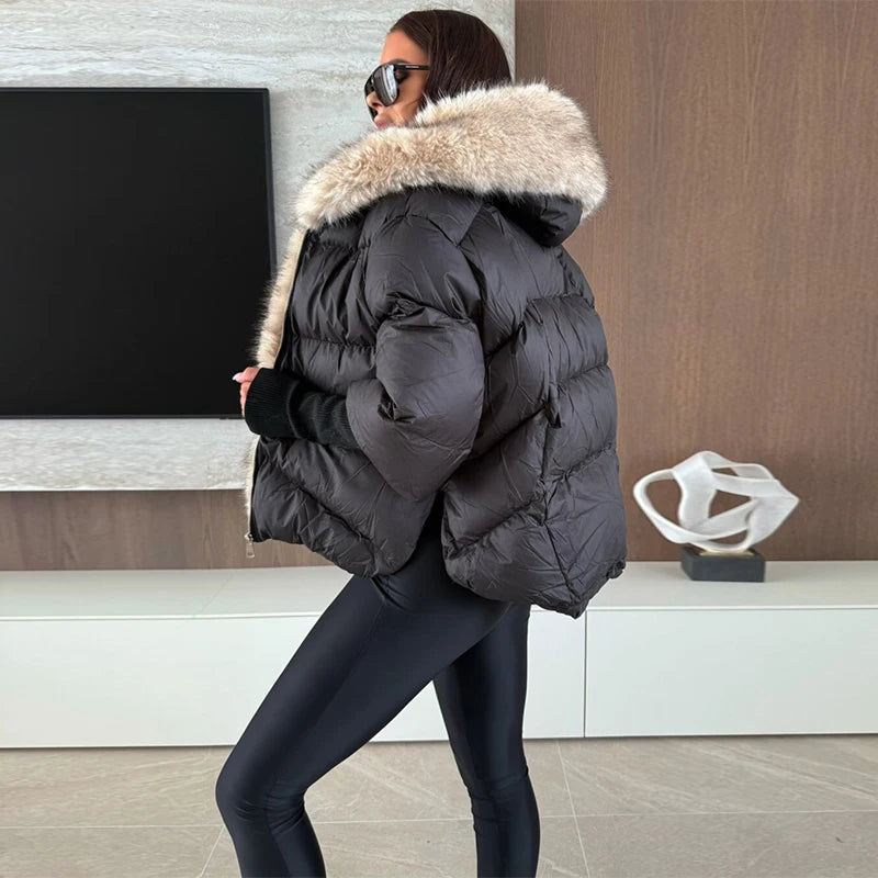 Fashion Women's Faux Fur Hooded Winter Jackets 2025 Warm Patchwork Zipper Full Sleeve Coats Puffer Female Solid Down Jacket