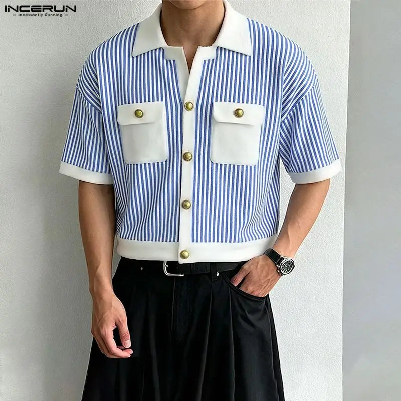 INCERUN Men Shirt Striped Patchwork Lapel Short Sleeve Casual Men Clothing Summer Color-block Fashion Leisure Tops Male Shirts