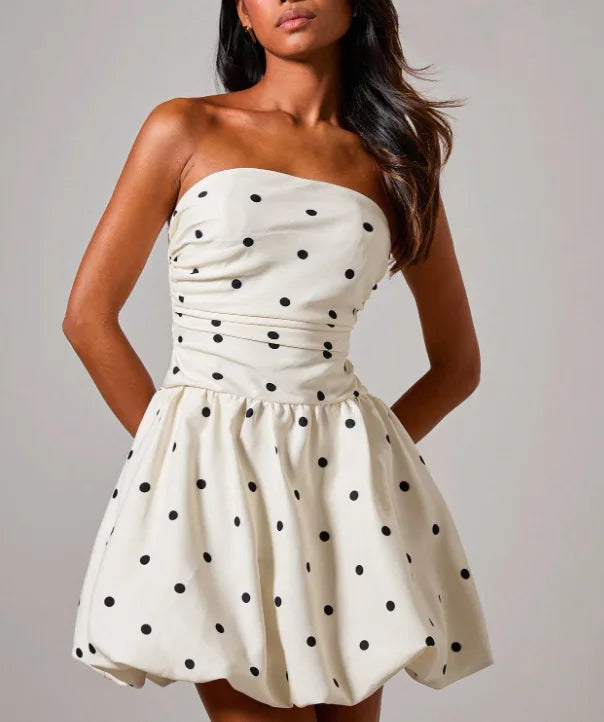 Polka Dot Print Tube Top Dress Summer Women's New Casual Loose Sexy Sleeveless Short Puffy Dress Vestidos De Fiesta Elegantes
