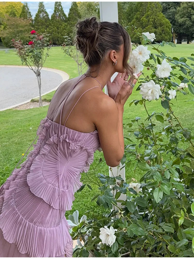 Bohemian Blue Pleated Halter Maxi Dress Women Gentle Sleeveless Asymmetric Ruffles Vestido Romantic Dinner Date Night Gowns 2026