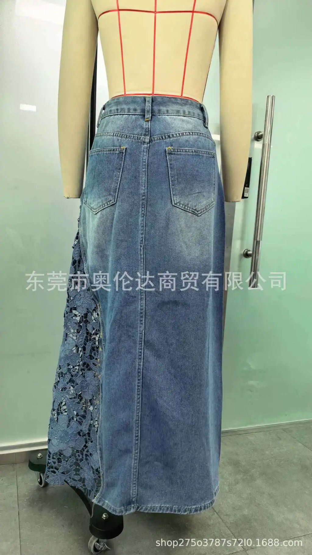 Women High Waist Denim Maxi Skirt Asymmetrical Floral Hollow Lace Patchwork Long Jean Skirt with Pockets Boho A Line Skirt