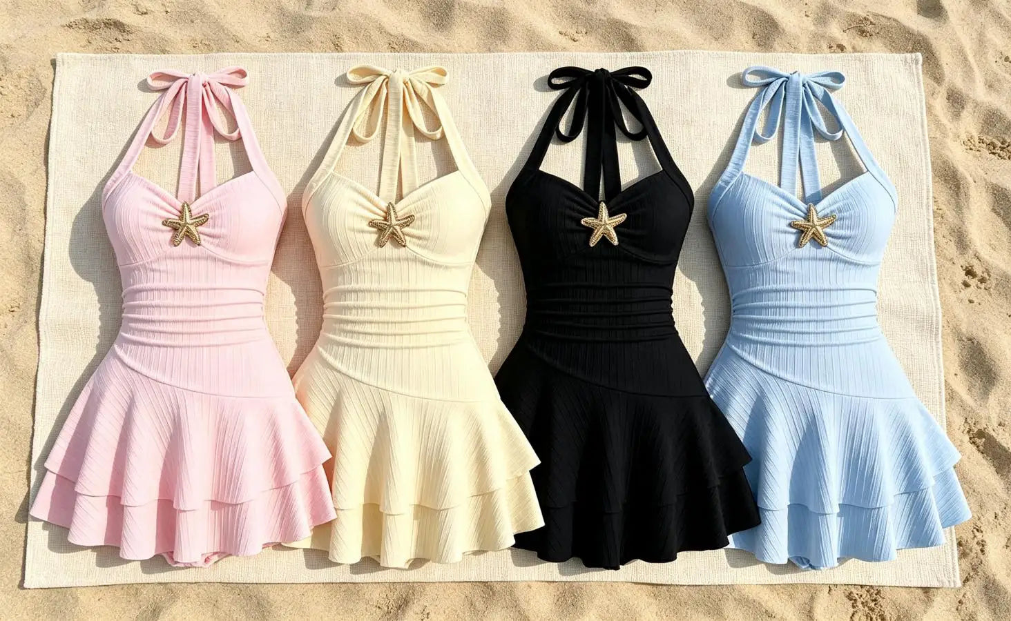 Women Summer Halter Mini Dress Sexy Tiered Ruffle Bodycon Short Dress with Starfish Decor Vacation Beach Party Outfit