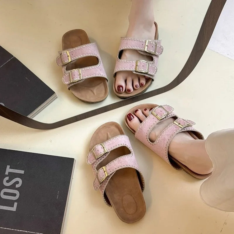 Women's Flat Slide Sandals Open Toe Suede Look Double Buckle Strap Slip on Whipstitch Detail Casual Summer Daily Walking Shoes