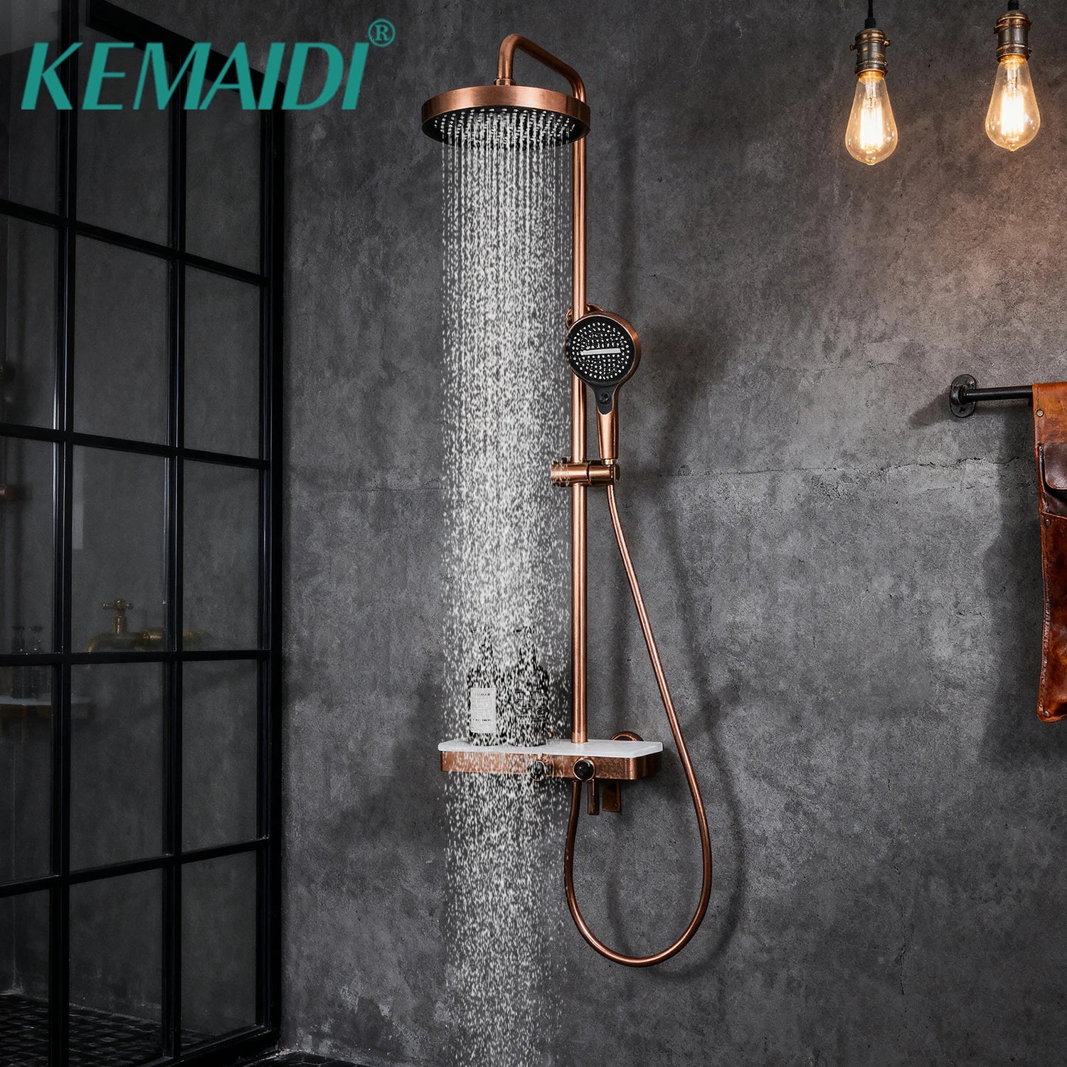 KEMAIDI Rose Gold Bathroom Shower Set Rainfall Hot And Cold Control Multifunctional Bath Shower Faucet System W/ Hand Shower