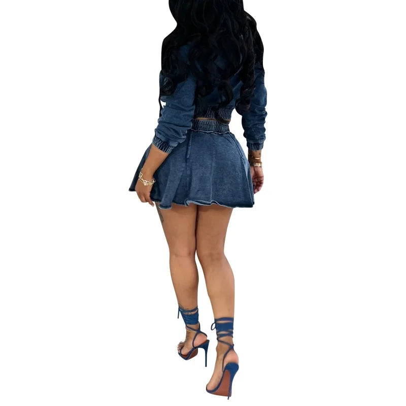 Streetwear Denim 2 Piece Sets Women Outfits Autumn Clothes Women Long Sleeve Hooded Crop Top Pleated Skirts Sets Jean Dress Sets