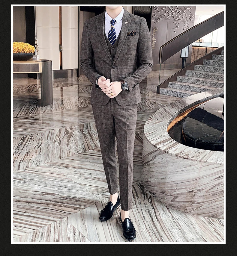 S-7XL ( Blazer + Vest + Pants ) Striped Plaid Solid Color Mens Formal Business Suit 3Pcs Set Groom Wedding Social Show Dress