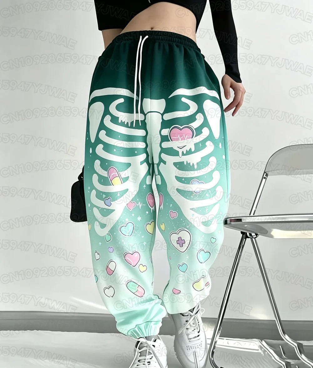 Spring and Autumn Women's Men's Skull Print Street Style Gothic Hip Hop Yami Kawaii Y2K Casual Long Jogger Pants