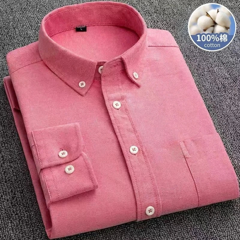 2026 Men's Oxford Long Sleeve Shirts 100% Cotton Solid Color Turn Down Collar Regular Fit Daily Men Clothing Button-down Shirts