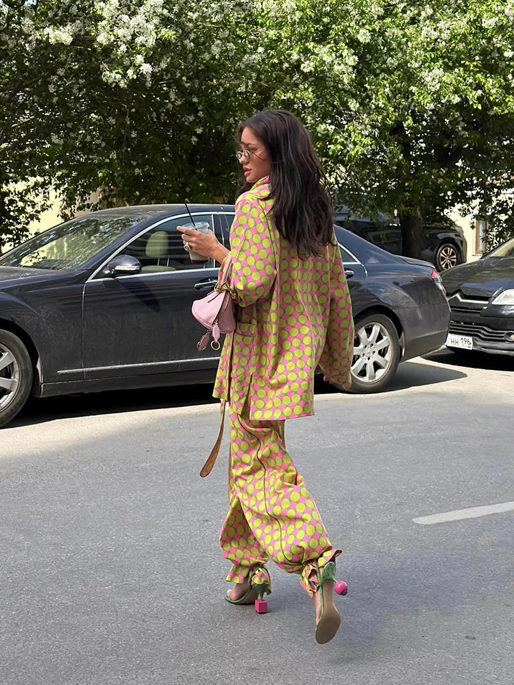 Vacation Geometric Printed Loose Pants Set Women Lapel Full Sleeve Pocket Shirts Wide Leg Pant Suits 2026 Autumn Street Outfit