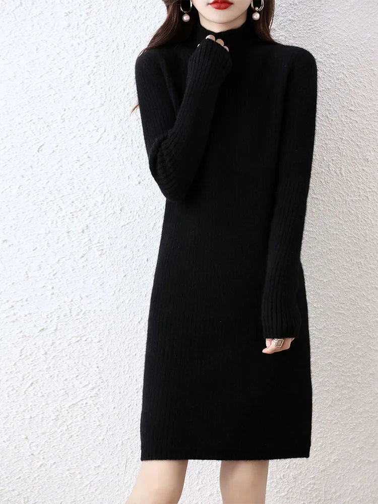 Fashion Cashmere Sweater Womens Knitted Dresses 100% Merino Wool Turtleneck Elegant Dress Autumn Winter Long Sleeve Short Skirts