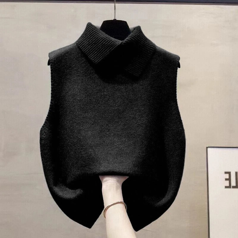 Autumn Winter Korean Solid Color Lapel Sleeveless Versatile Casual Knitted Vest For Women