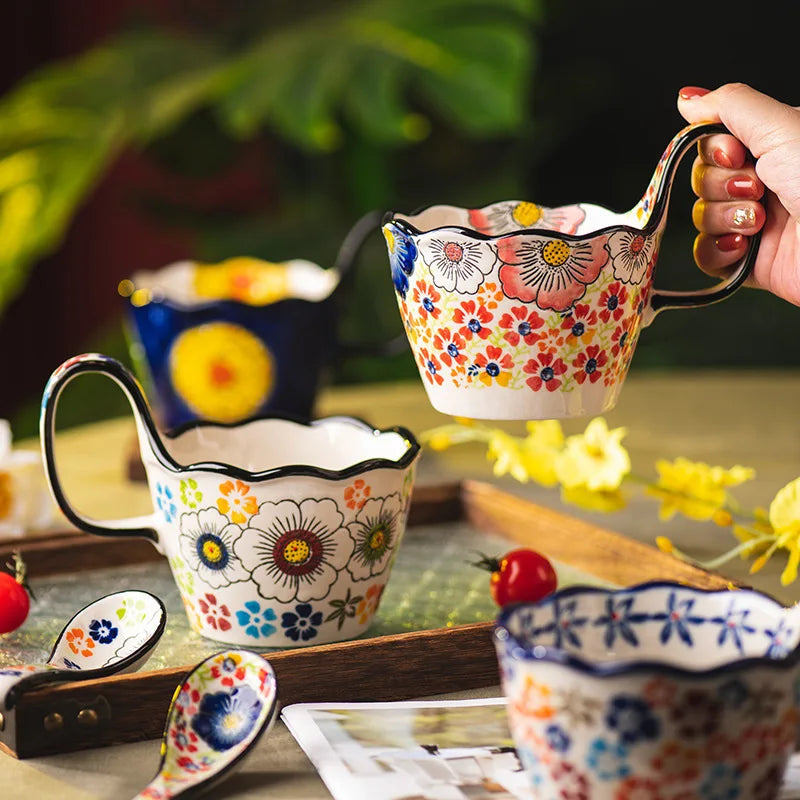 1pc, Bohemian Style Ceramic Cup, with Handle for Easy Removal, Coffee Cup, Afternoon Tea Cup, Breakfast Cup, Milk Cup