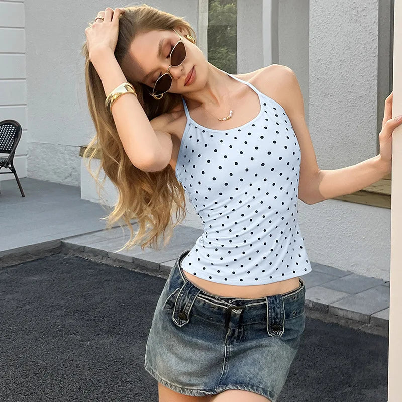 Fashion Polka Dot Halter Neck Tank Top Women Slim Fit Thin Strap Sleeveless Casual Summer Camisole