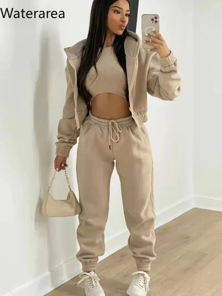 Waterarea Basic Active Women's Tracksuit Hooded Track Jacket +vest and Jogger Pants Suit Matching Three 3 Piece Set SportOutfits