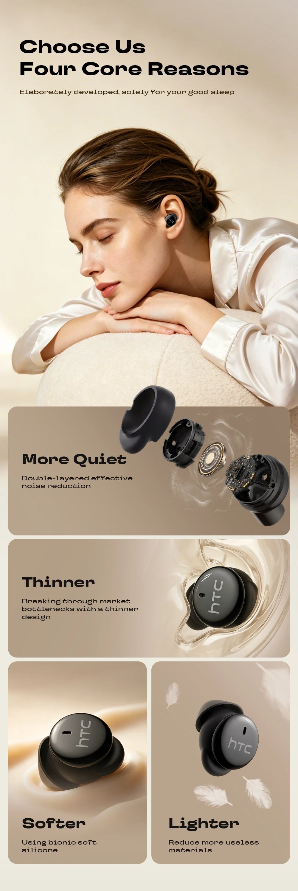 HTC NE92 Sleeping Mini Bluetooth Earphones TWS Wireless Headphones With Mic Noise Reduction Soft In-Ear Earbuds