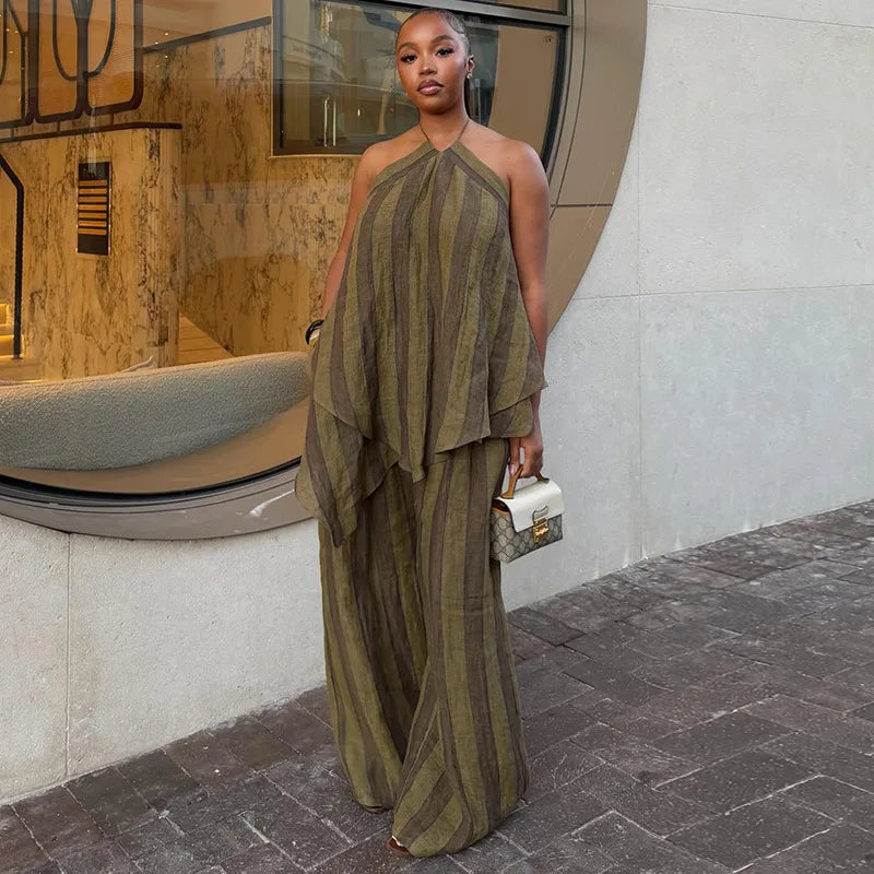 2026 2 Piece Sets Lady Chic Holiday Outfit Y2K Green Stripe Long Pant Sets For Women Spring Summer Halter Vest Top Wide Leg Pant