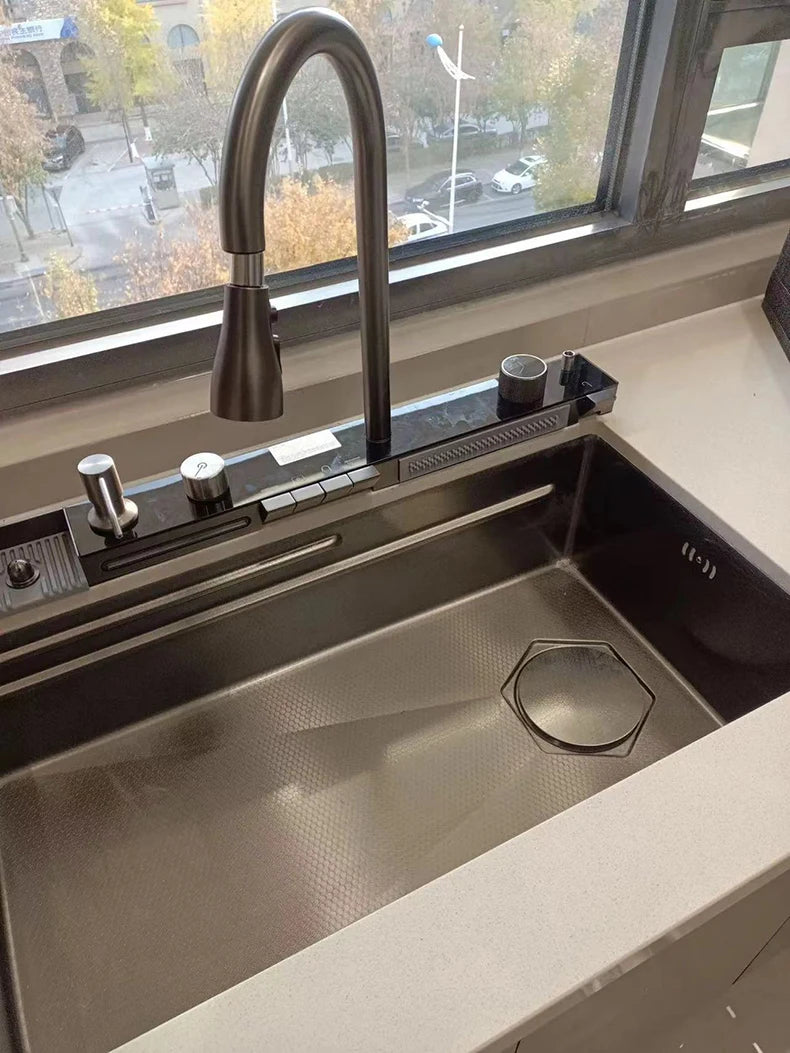 Modern Kitchen Sink Smart Digital Display Single Slot with Cup Washer Stainless Steel Luxury Design for Apartments